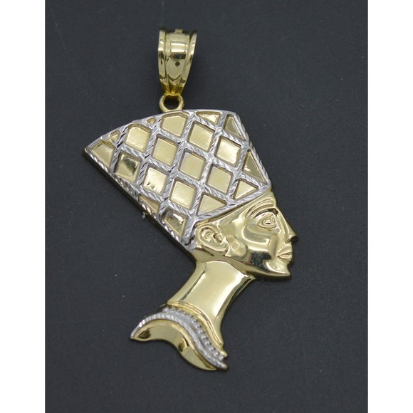 Real 10K Yellow Gold Egyptian Nefertiti Queen Head Diamond Cut Pendant 3.7gr